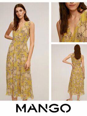 Mango Pleated Floral Print Midi Dress M